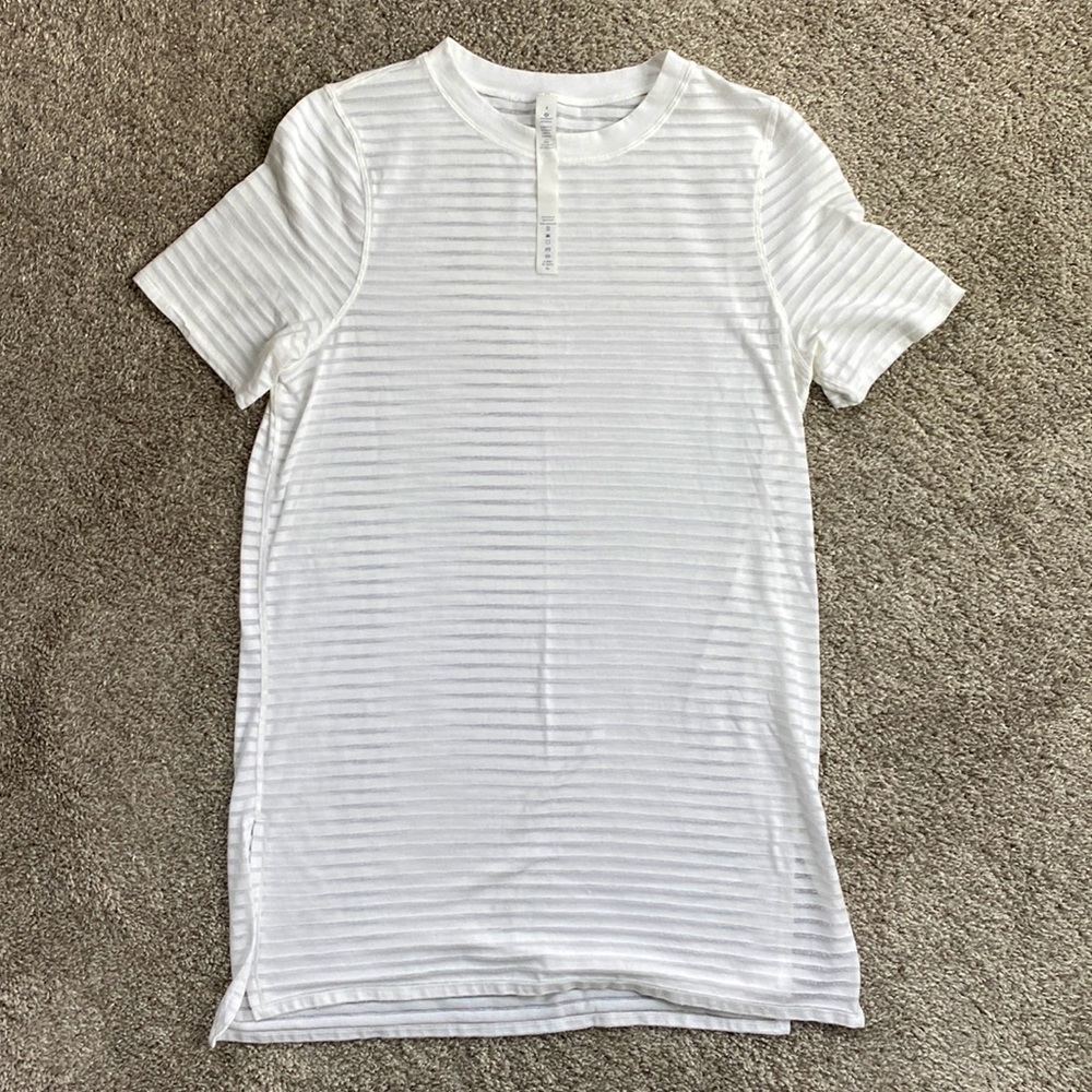 Lululemon White Sheer Striped tunic shirt, size 4.